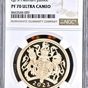 2022 Platinum Jubilee Gold Proof Five Pounds Sovereign (£5) Queen Elizabeth II, NGC Graded PF70 Ultra Cameo