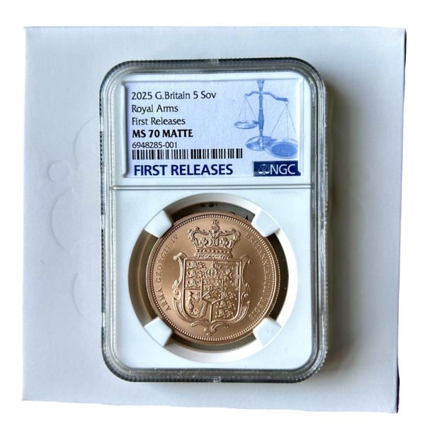 2025 Gold Five Sovereign (5 Pounds / £5), Merlen Royal Arms Shield Design, NGC Graded MS70 Matte First Releases - Image 4