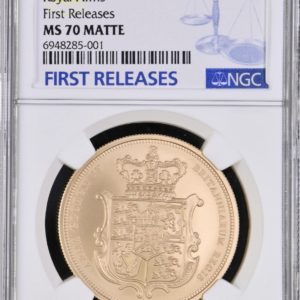 2025 Gold Five Sovereign (5 Pounds / £5), Merlen Royal Arms Shield Design, NGC Graded MS70 Matte First Releases