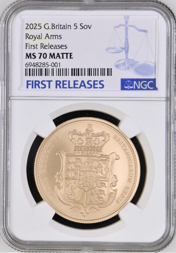 2025 Gold Five Sovereign (5 Pounds / £5), Merlen Royal Arms Shield Design, NGC Graded MS70 Matte First Releases
