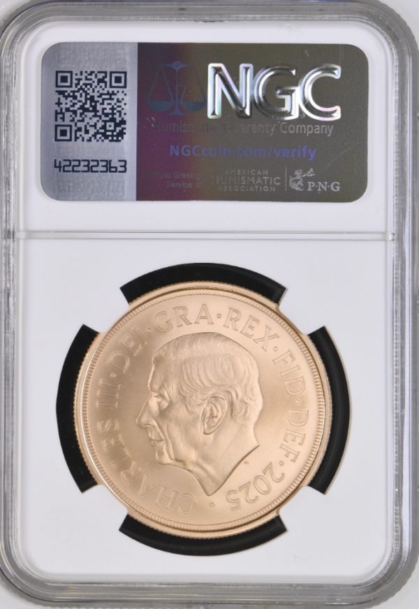 2025 Gold Five Sovereign (5 Pounds / £5), Merlen Royal Arms Shield Design, NGC Graded MS70 Matte First Releases - Image 2