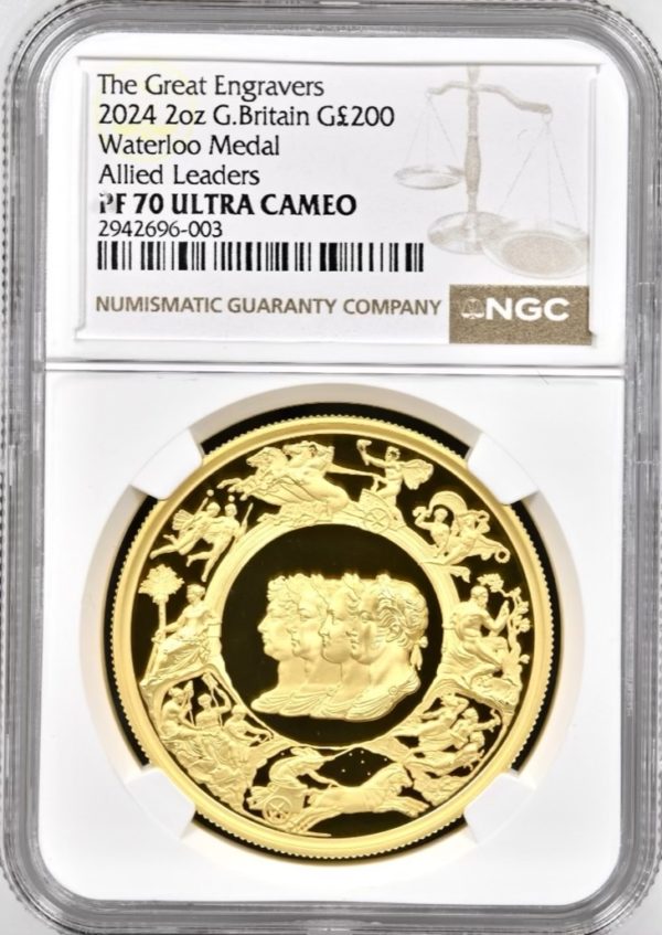2024 Waterloo Medal - Allied Leaders, £200 Great Engravers Gold Proof Two Ounce Coin. NGC Graded PF70 Ultra Cameo