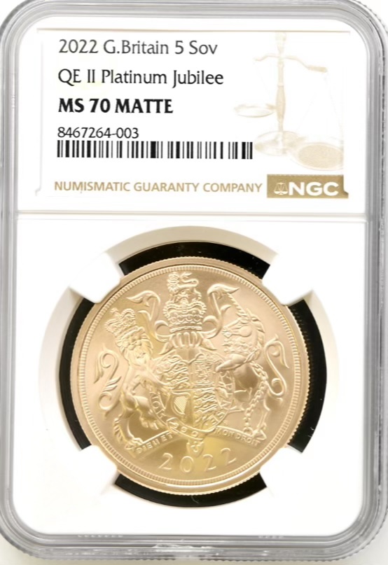 Platinum Jubilee, 2022 Gold £5 NGC Graded MS70 Matte