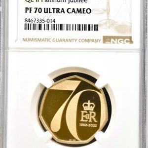 2022 Gold Proof Fifty Pence (50p), Platinum Jubilee, Rare Queen Elizabeth II Obverse. NGC Graded PF70 Ultra Cameo