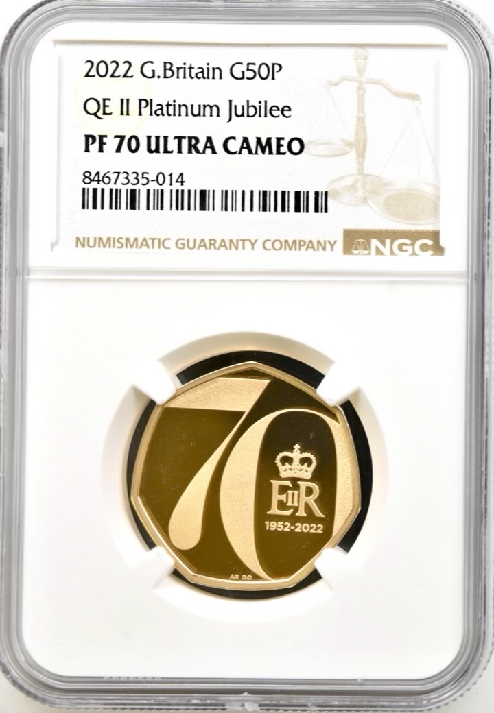 2022 Gold Proof Fifty Pence (50p), Platinum Jubilee, Rare Queen Elizabeth II Obverse. NGC Graded PF70 Ultra Cameo