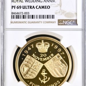 1997 Royal Wedding Anniversary Gold Proof Five Pound Crown (£5), NGC Graded PF69 Ultra Cameo