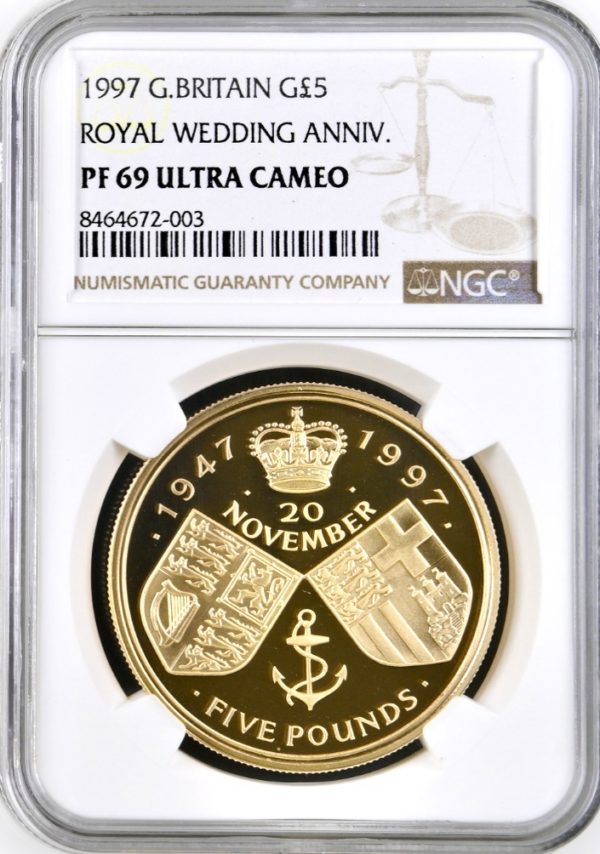 1997 Royal Wedding Anniversary Gold Proof Five Pound Crown (£5), NGC Graded PF69 Ultra Cameo