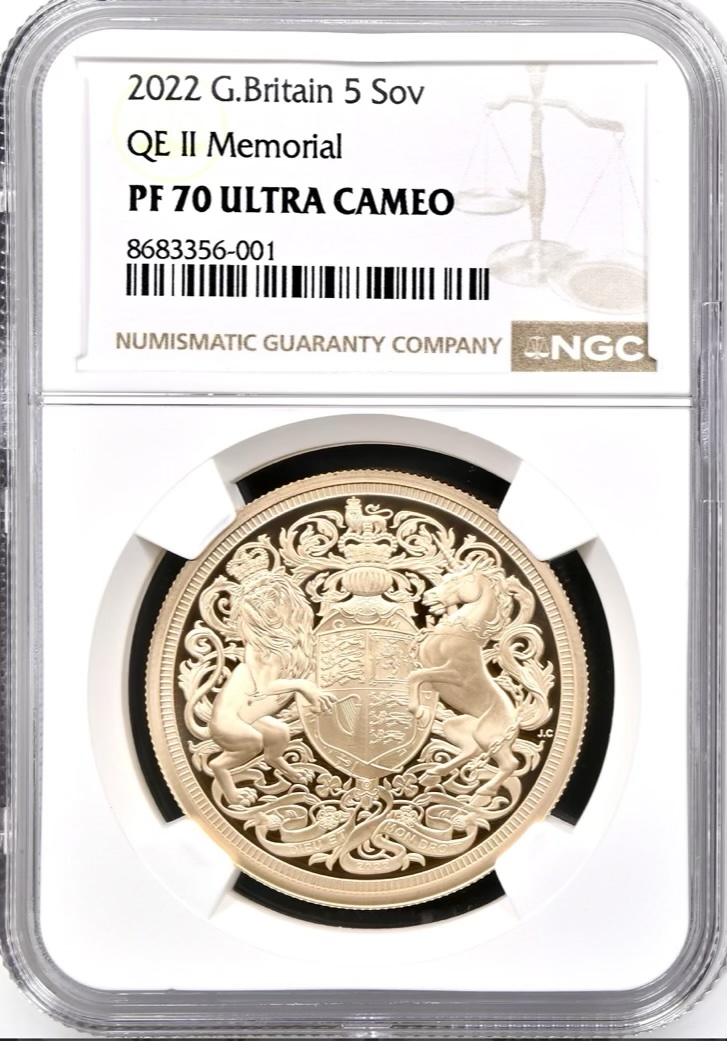 2022 Memorial Gold Proof Five Pounds Sovereign (£5), NGC Graded PF70 Ultra Cameo