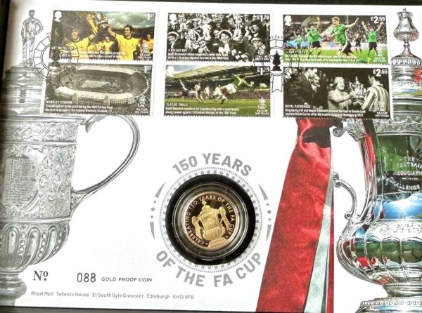 2022 Gold Proof Two Pounds Coin (£2) 150 Years Of The FA Cup Stamped First Day Cover.