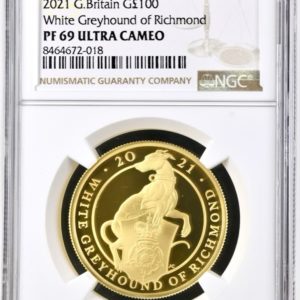 2021 White Greyhound of Richmond Gold Proof £100 - Queens Beast One Ounce Coin - NGC Graded PF69 UCAM