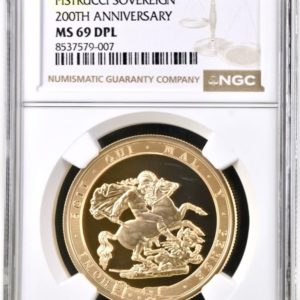 2017 Gold Five Pounds Sovereign, (£5 / 5Sov) Pistrucci 200th Anniversary, NGC Graded MS69DPL