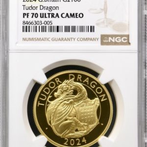 Tudor Dragon, Tudor Beast Gold Proof 100 Pounds, 2024 One Ounce Coin. NGC Graded PF70 Ultra Cameo.