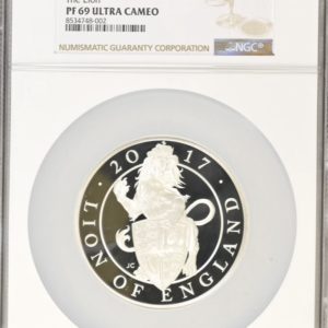 2017 Lion Of England - Queens Beasts Five Ounce Coin - 2020 Silver Proof 10 pounds (£10), NGC Graded PF69 Ultra Cameo