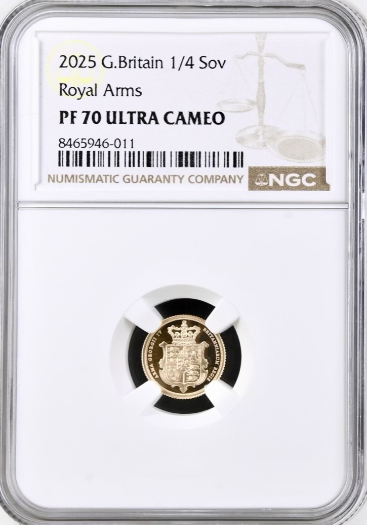 2025 Gold Proof Quarter Sovereign - Merlen Shield Royal Arms - NGC Graded PF70 Ultra Cameo