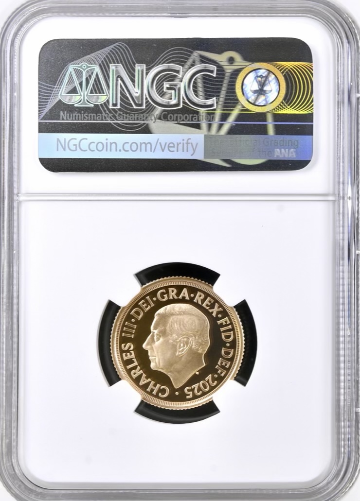 2025 Gold Proof Sovereign, Royal Arms - Merlen Shield, NGC Graded PF70 Ultra Cameo - Image 2