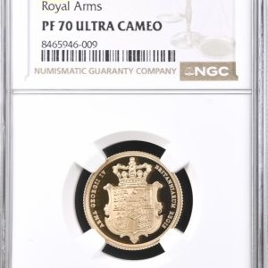2025 Gold Proof Sovereign, Royal Arms - Merlen Shield, NGC Graded PF70 Ultra Cameo