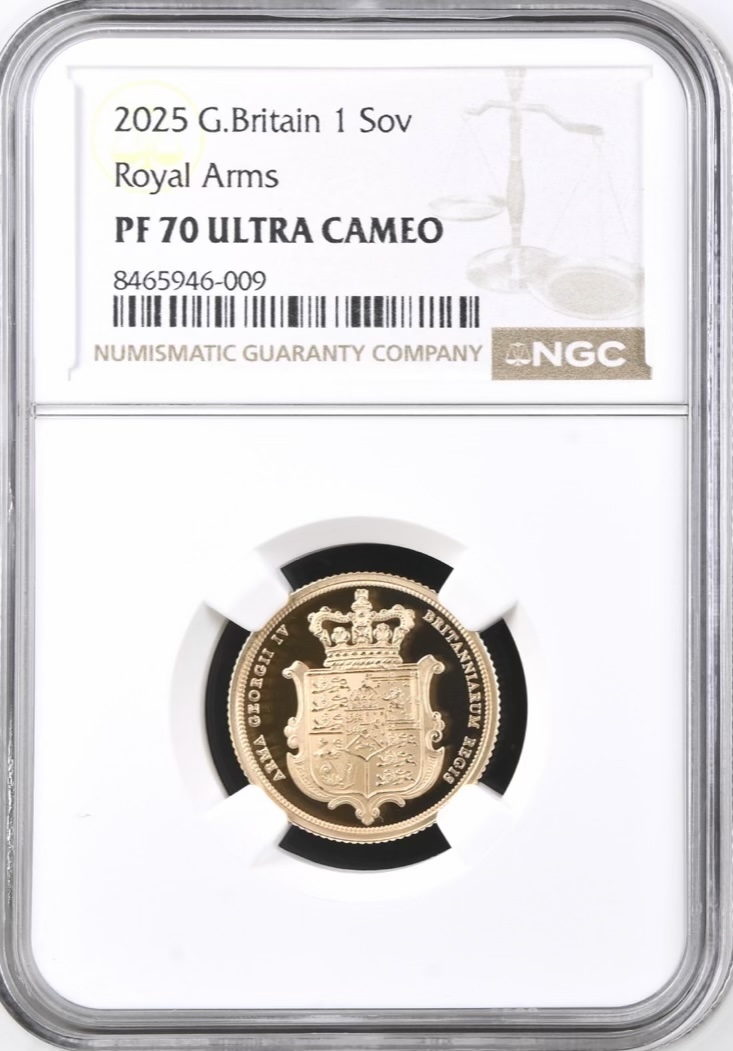2025 Gold Proof Sovereign, Royal Arms - Merlen Shield, NGC Graded PF70 Ultra Cameo