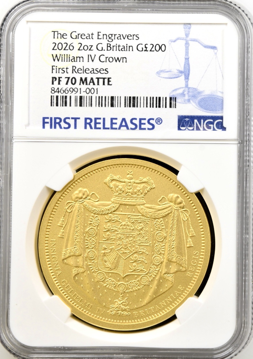 William IV Crown, Great Engravers 2026 Gold Proof £200, Two Ounce Coin. NGC Graded PF70 Matte