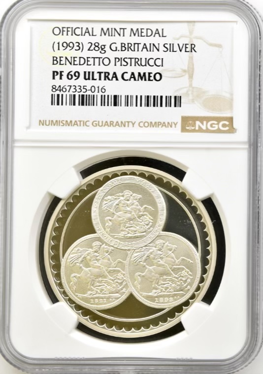 1993 Silver Proof Benedetto Pistrucci Medal, NGC Graded PF69 Ultra Cameo