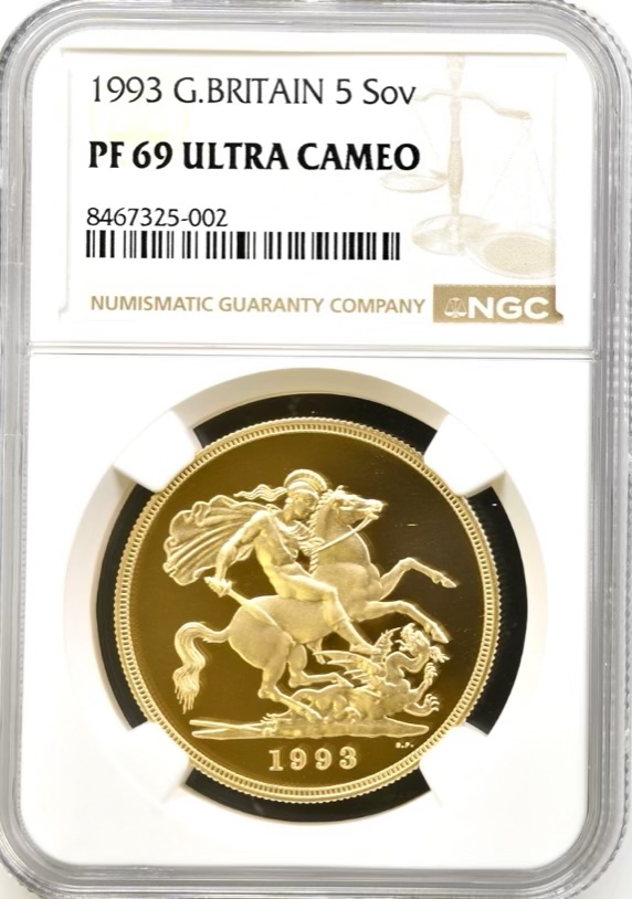 1993 Gold Proof Five Pounds Sovereign (£5) NGC Graded PF69 Ultra Cameo.