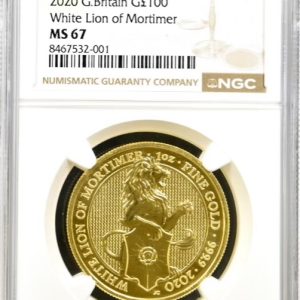 2020 White Lion of Mortimer - Queens Beast Gold £100, One Ounce Coin (1oz) - NGC Graded MS67