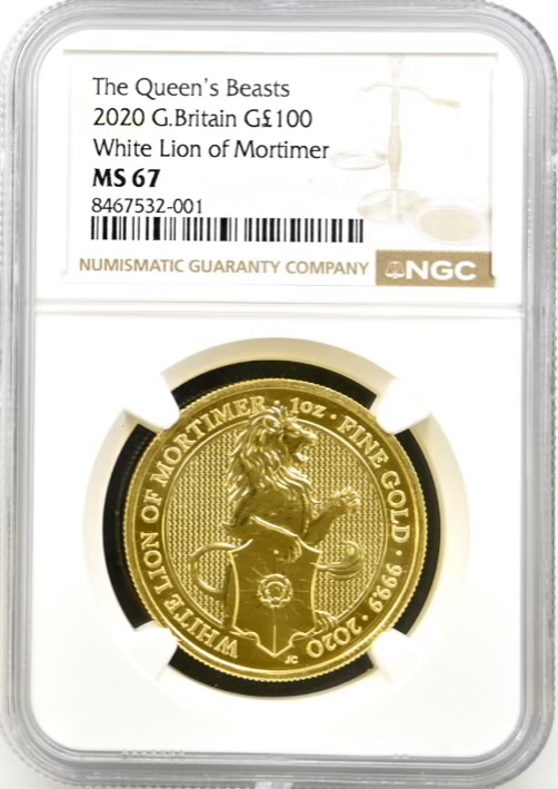 2020 White Lion of Mortimer - Queens Beast Gold £100, One Ounce Coin (1oz) - NGC Graded MS67