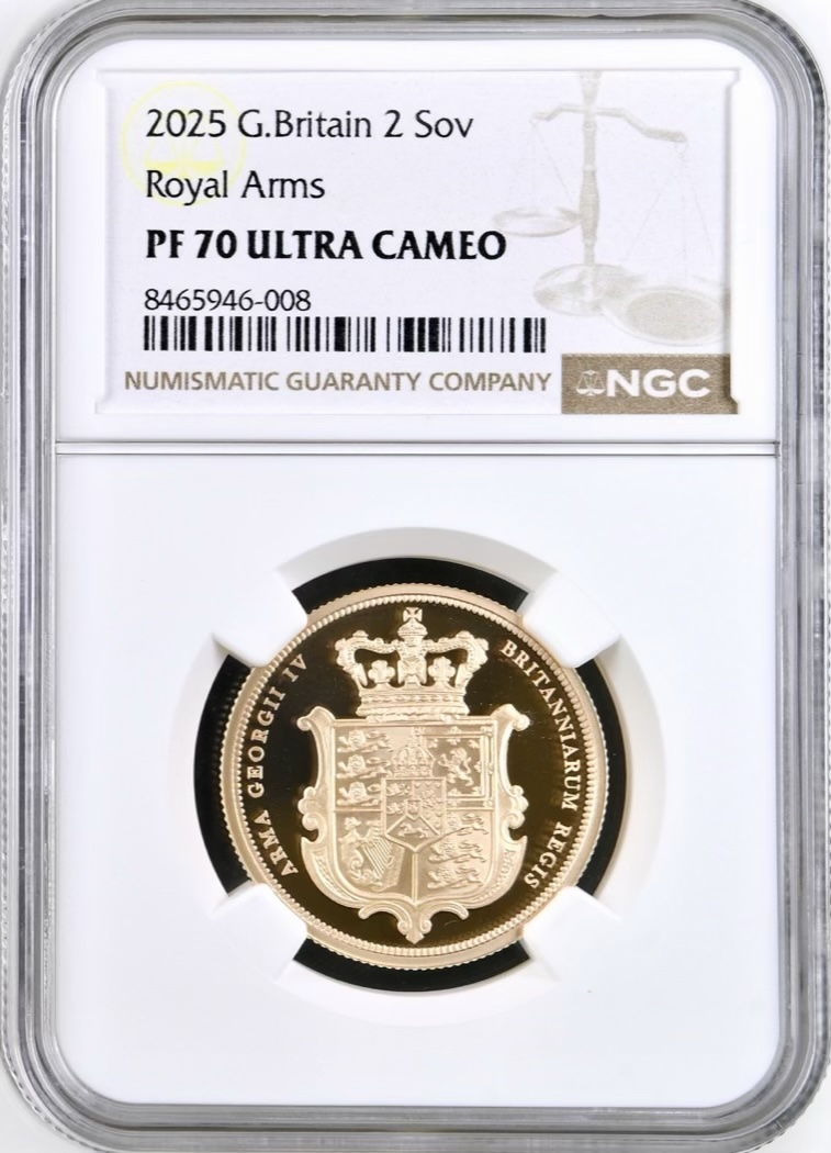2025 Gold Proof Double Sovereign (2Sov) - Royal Arms - NGC Graded PF70 Ultra Cameo
